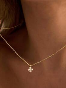 A 14K Gold-Plated Necklace And Earring Set Featuring Pearls And Cubic Zirconia; Suitable As Bridal Jewelry, For Simple Everyday Wear, Or As A Gift. - Gold - View 3