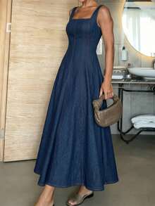 Elegant Bohemian Denim Backless Dress, Suitable For Vacation And Everyday Wear Spring - Navy Blue - View 3