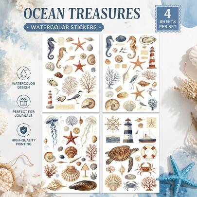 Set 4 buc. autocolante transferabile prin frecare cu creaturi marine, potrivite pentru mobilier lucrat manual, meduză în acuarelă, caluț de mare, scoică, coral, far, stea de mare lalea, pentru lemn, material textil, decor casnic, scrapbooking, planner și own crafturi DIY
