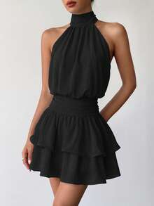 Elegant Fashionable Black Halter Neck Backless Layered Ruffle Mini Dress - Wedding Party Fall - Black - View 5