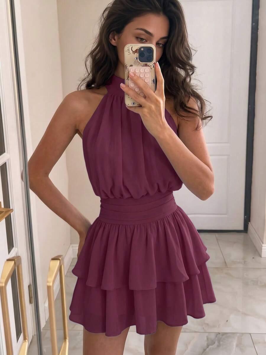 Elegant Fashion Purple Halter Neck Backless Layered Ruffle Mini Dress - Suitable For Beach Vacation, Summer Holiday, Daily Casual Outings, Festivals And Graduation Occasions - Purple - View 1