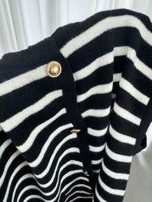 Plus Size Women Monochrome Striped Metal Button Knitted Vest Black Vacation Fall - Black - View 6