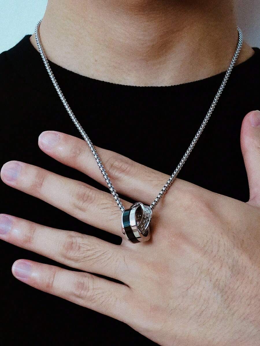 CCO European And American Style Hip-Hop Double Ring Pendant Necklace, Unisex Necklace With Zirconia Decoration, Fashionable Accessory Suitable For Any Occasion, Perfect Gift For Family And Friends, Suitable For Daily Wear - Black - View 1