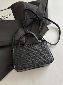 Solid Color Woven Mini Fashion PU Brand Elegant Flap Handbag Crossbody Bag - Black - View 9