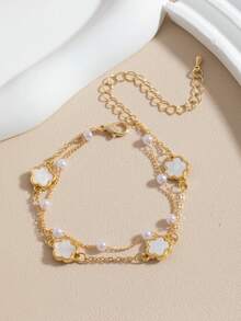 1pc Minimalist Versatile Double Layer Clover Faux Pearl Bracelet, Delicate Luxury For Women - White - View 2