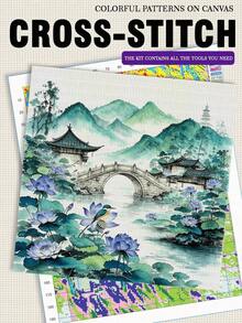 14CT Printed Cross Stitch Kit. Chinese-Style Landscapes. Relaxing DIY For Adult Beginners. Includes Cloth, Needles, Threads & Chart. Handmade Wall Art Decor Gift. 40x40cm/15.7x15.7in. - 14CT-40X40CM - View 3