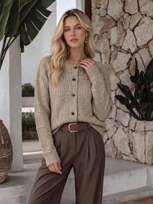 NiceArt Women's Vintage Khaki Wool Blend Polka Dot Waffle Knit Cardigan, Elegant Casual, Suitable For Office Autumn Winter Daily Wear, Halloween - Khaki - View 7
