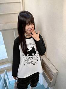 Y2K Sweet & Cool Style Raglan Long Sleeve T-Shirt For Women, Loose Fit Slimming Cute Cat Print Long Sleeve Top - White - View 4