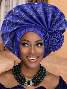 1pc Nigerian Pre-Molded Headscarf With Rhinestone Flowers, Muslim Retro Headdress For Weddings And Banquets. - Multicolor - View 8