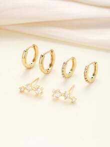 6pcs Simple Copper Zirconia Hoop Earrings Set For Women, Couples, Sisters, Vacation, Date, Gift, Daily Wear - Yellow Gold - View 5