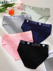 6pcs Women's Panties Triangle Briefs Solid Color Basic Style Love Letter Print Waistband Multicolor - Multicolor - View 9
