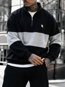 Men's Black & Grey Horizontal Striped Colorblock Half-Zip Sweatshirt, Small Horse Rider Logo Print On Chest, Dropped Shoulder, Casual Pullover Sweatshirt For Autumn/Winter/Spring - Black - View 5