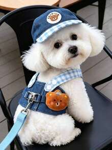 Denim Pet Harness Set, Cute Sun Hat And Matching Leash, Adjustable Outdoor Walking Vest, Suitable For Small Dogs, Medium Dogs And Cats Pet Costume/Cat Costumes - Multicolor - View 1