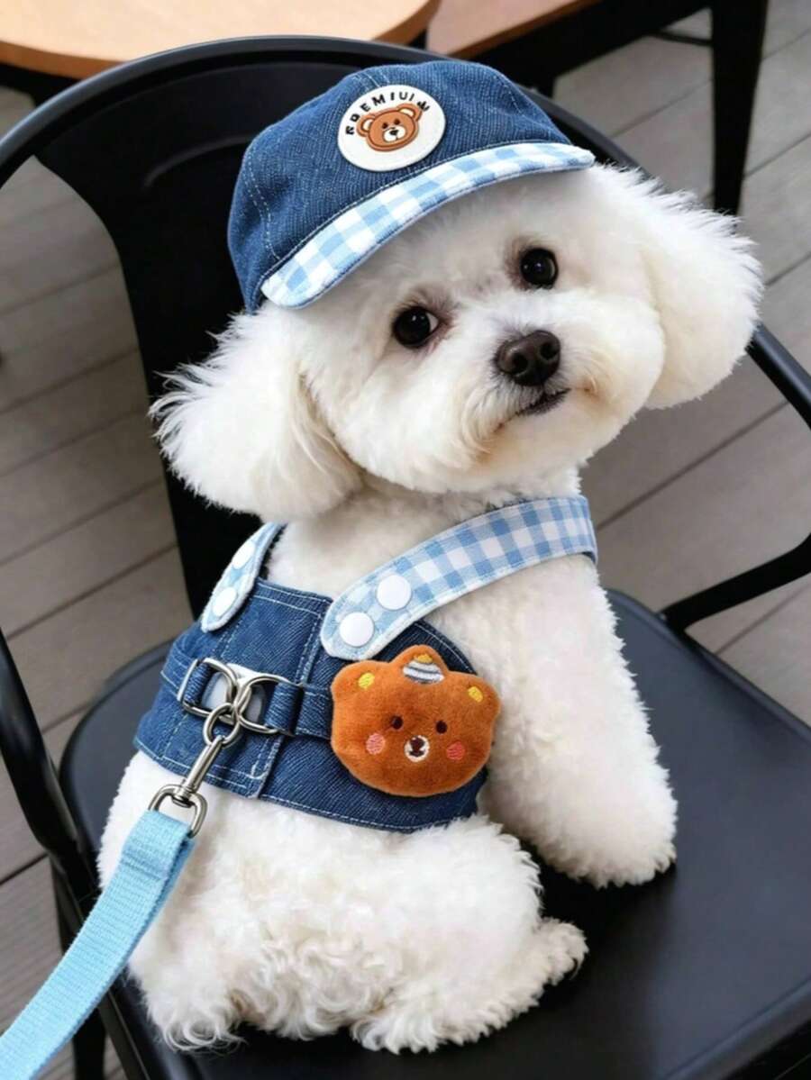 Denim Pet Harness Set, Cute Sun Hat And Matching Leash, Adjustable Outdoor Walking Vest, Suitable For Small Dogs, Medium Dogs And Cats Pet Costume/Cat Costumes - Multicolor - View 1