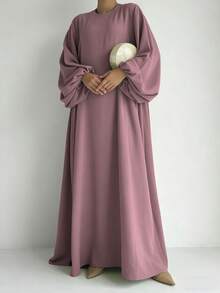 Elegant Multi-Color Solid Color Ruffle Trim One-Piece Headscarf & Robe Set, Loose Fit Modest Long Dress, Suitable For Middle East Daily Wear - Multicolor - View 3