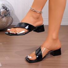 Black Glossy Square Toe Chunky Heel Slide Sandals, Minimalist Criss-Cross One-Strap Open Toe Mid-Heel Sandals, Comfortable Versatile Non-Tiring - Black - View 2
