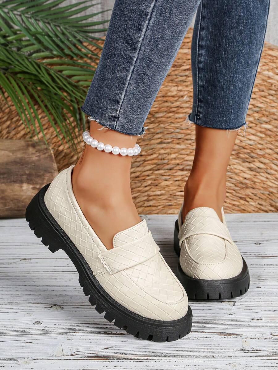 French Style Quilted Thick Sole Loafers For Women, Platform Chunky Heel Slip-On Minimalist Commuter Versatile Shoes - Beige - View 1