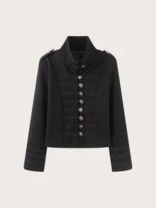 Women's Metal Buckle Slim Fit High Neck Wool Short Jacket - Black - View 2