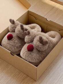 Winter Indoor Women's Thermal Lined Slip-On Slippers With Cartoon 3D Christmas Reindeer Plush Decor, Fuzzy Couple Slippers For Bedroom, Holiday Fun - Light Brown - View 2