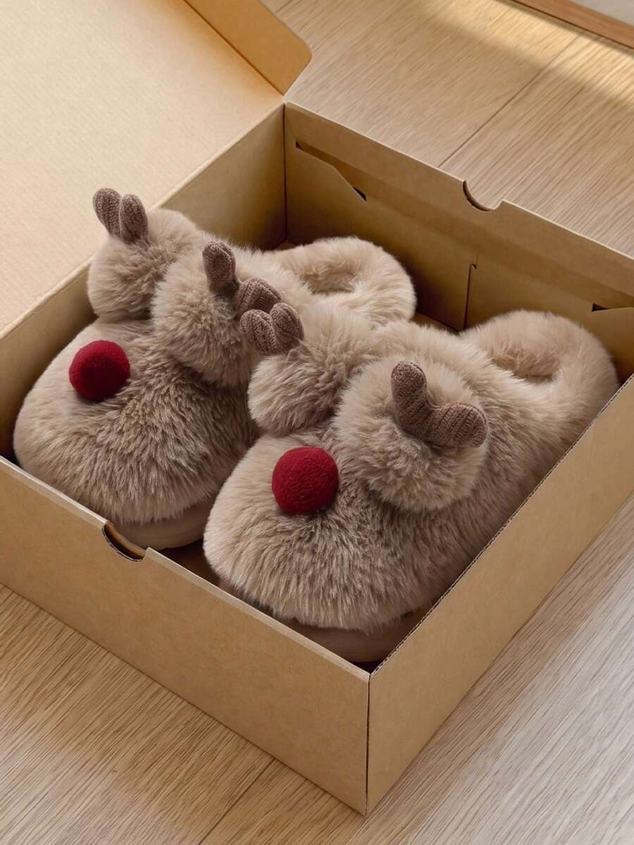 Winter Indoor Women's Thermal Lined Slip-On Slippers With Cartoon 3D Christmas Reindeer Plush Decor, Fuzzy Couple Slippers For Bedroom, Holiday Fun