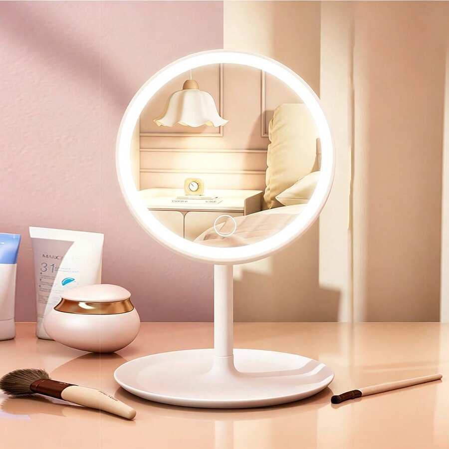 LED Makeup Mirror With Storage Tray, 3-Color Adjustable Brightness Tabletop Mirror, Touch Control Design, Rotatable LED Smart Makeup Mirror With USB Rechargeable Battery, Suitable For Bedroom, Bathroom, Vanity, Great For Birthday, Valentine's Day, Mother's Day Gifts