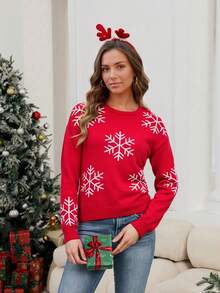 HOMEYEE Christmas Red Snowflake Jacquard Round Neck Knitted Sweater Women Loose Lazy Drop Shoulder Long Sleeve Holiday Atmosphere Pullover Top - Red - View 6