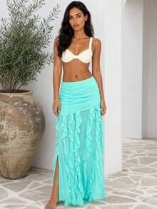 Dancing Leopard Aqua Ruched Layered Ruffle Maxi Skirt, Holiday/Vacation Wear - Blue - View 1