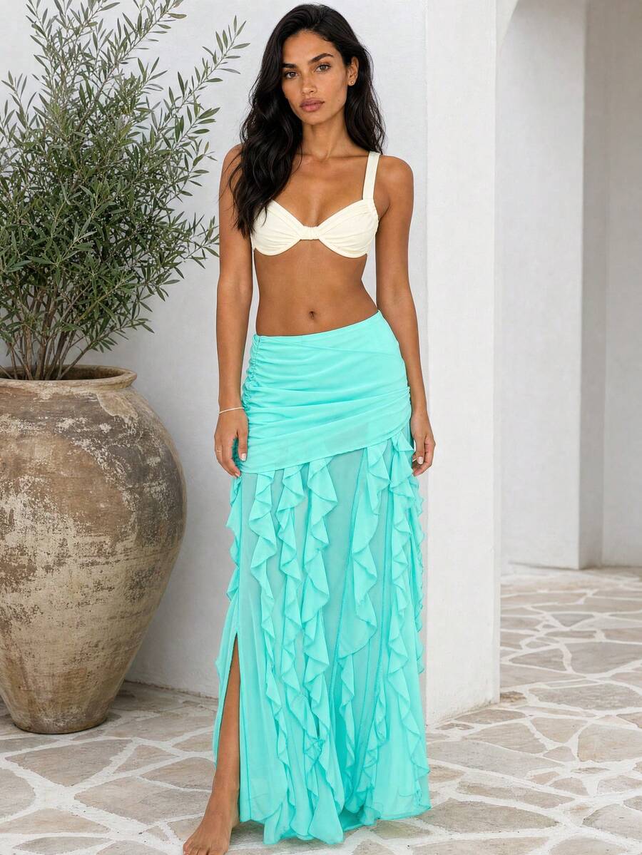 Dancing Leopard Aqua Ruched Layered Ruffle Maxi Skirt, Holiday/Vacation Wear - Blue - View 1