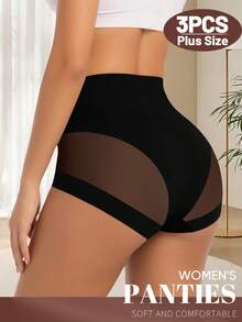 MEIYATING 3pcs Plus Size Women's Panties, Mid-High Waist Tummy Control Butt Lifting Mesh Patchwork Lightweight Comfortable Fashion Print Everyday - Multicolor - View 3