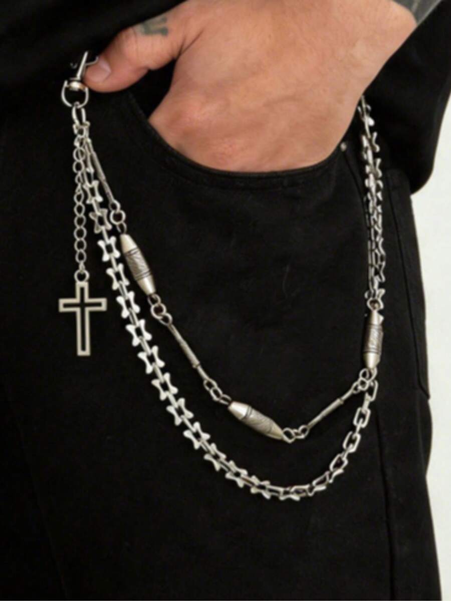 1pc Men's Pants Chain, Silver Metal, Bullet Head Cross Chain, Hip-Hop Personalized Accessory Suitable For Daily Streetwear - Silver - View 1