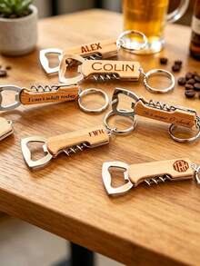 Laser Engravable Wooden Multi-Function Bottle Opener Keychain, Dual-Use Beer And Wine Opener Tool With Wine Corkscrew, Metal Key Ring For Keys And Backpacks, Premium Natural Wood Handle With Durable Rust-Resistant Metal Parts, Sturdy Craftsmanship, Supports Custom Name, Anniversary, And Personalized Message, Compact And Portable For Home Gatherings, Outdoor Camping, And Party Dinners - Apricot - View 4