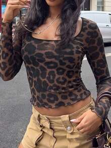 GLAMSKIN Women Fall Leopard Print Square Neck Mesh Long Sleeve Top,Ruffle Hem Slim Fit Cropped Tee,Glam Y2K Streetwear Hoco Casual Fall Fashion Outfit - Leopard Color - View 3