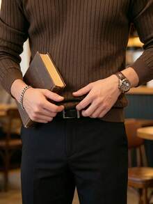 ALTZTAR Men's Loose Fit Thin Long Sleeve Striped Knit Polo Shirt, Minimalist & Fashionable, Suitable For Daily Commute In Spring/Autumn - Coffee Brown - View 5