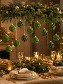 12pcs Matcha Green Flocked Christmas Ball Ornaments With Plaid Bows, Assorted Textured Flocked Hanging Balls, Suitable For Christmas Tree, Winter Wedding, Holiday Party, Fireplace And Farmhouse Style Decor, Holiday Table Centerpiece - Christmas Ornament - View 3