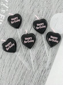 5支黑色心形生日快乐派对蛋糕蜡烛 - 黑色 - 查看 3