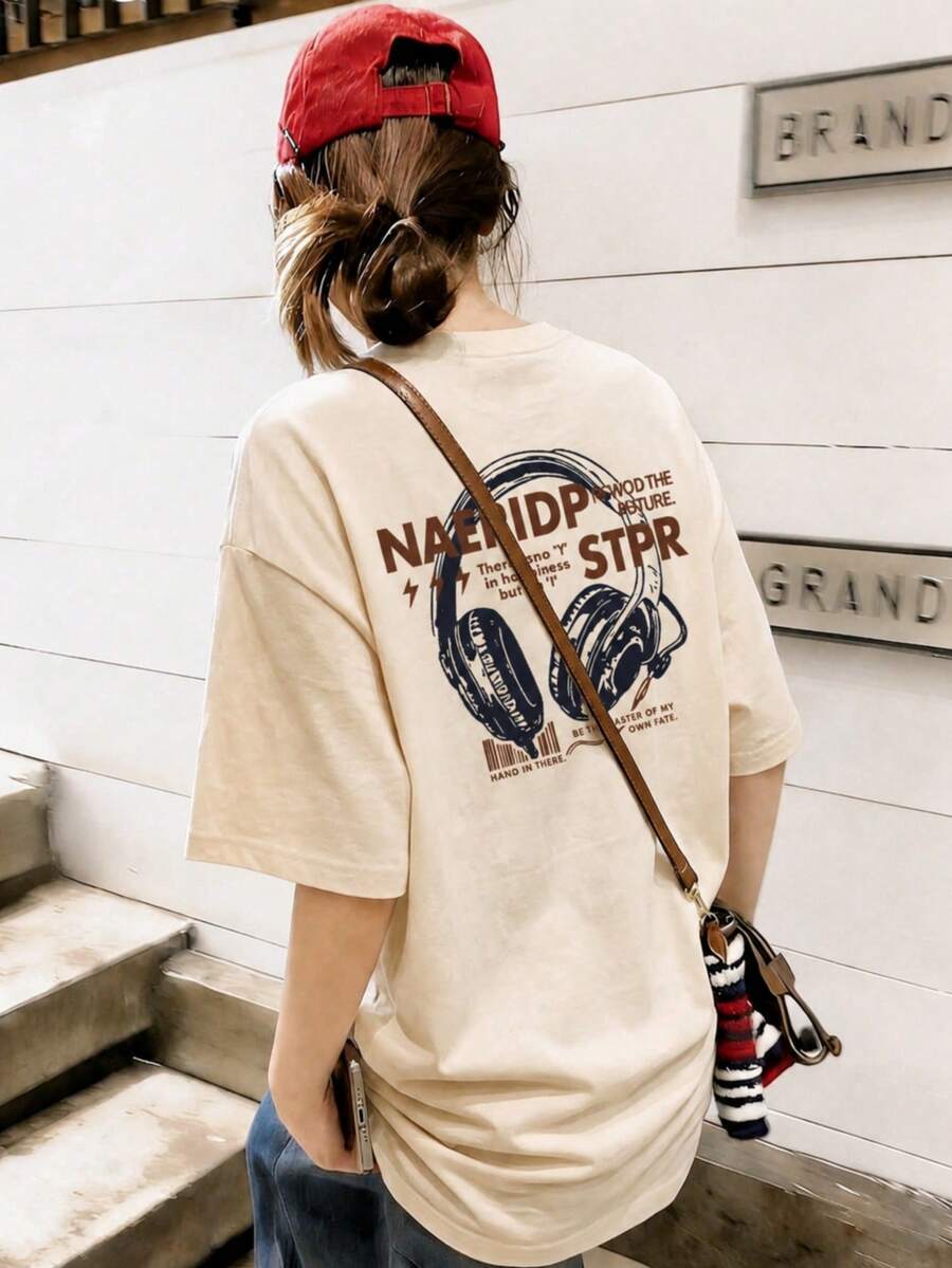 女款時尚春夏寬鬆圓領簡約百搭字母線條耳機卡通印花短袖T恤休閒 - 杏色 - 查看 1