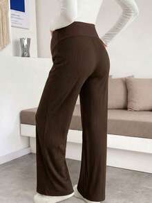 Elegant Black Ribbed Wide Leg Pants For Pregnant Women, Comfortable Medium Stretch Knit Long Pants With Button Detail Design, Suitable For Autumn Wear - Brown - View 2
