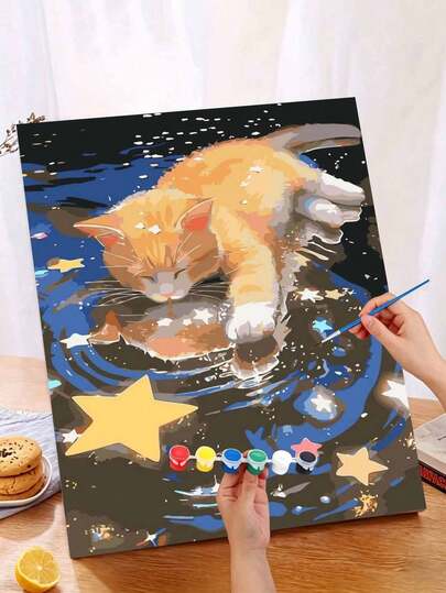 Dreamy Cat Pattern Oil Painting By Numbers, DIY Canvas Art For Adult Beginners, Wall Art Decoration Holiday Gifts, Includes Oil Painting Tools.