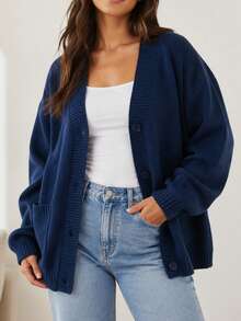 Women's Plus Size Knit Cardigan, Button Front With Shawl Collar, Dropped Shoulder Long Sleeve, Regular Length, Perfect For Vintage Winter Fashion - Blue - View 2