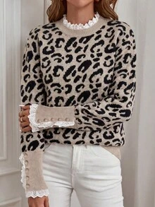 Women Casual Winter Crew Neck Contrast Lace Color Block Leopard Jacquard Knitted Sweater Sleeve Button Design Knit Top Daily - Apricot - View 2