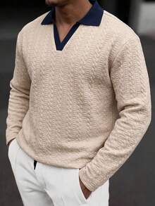 男士 Polo 衫，春秋長袖休閒紋理針織襯衫 - 杏色 - 查看 4
