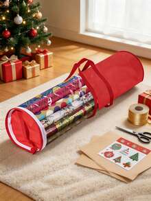 1pc Large Capacity Christmas Wrapping Paper Storage Bag, Zipper & Handle Design, Red Cylindrical Oxford Fabric Underbed Storage Box, Space-Saving Durable Holiday Gift Wrap Organizer, Suitable For Christmas Party, Home Bedroom Closet Decor Items - Red - View 2