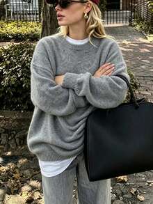 Fashionable Women's Gray Long Sleeve Pullover Sweater, Loose Fit, Ribbed Knit Detail, Suitable For Autumn Wear - Grey - View 3