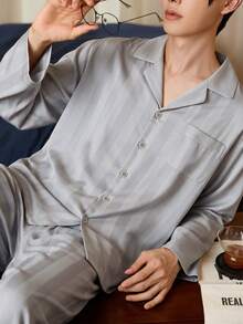 Gongdie 2pcs Men's Pajama Set, Spring/Autumn Light Gray Solid Color Striped Soft Loungewear With Pockets - Grey - View 9