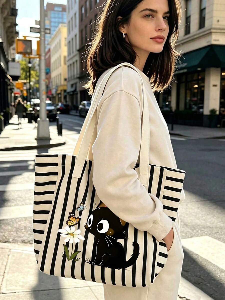 Cute Black Cat Daisy Butterfly Print Striped Canvas Tote Bag Set, Includes Small Wallet, Large Capacity Women's Shoulder Handbag, Suitable For Daily Commute And School - Multicolor - View 1