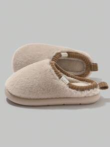 Sandal Selop Wanita Musim Dingin Modis Bahan Suede, Sandal Kamar Tidur Minimalis Warna Polos Tebal dan Mewah untuk Pasangan - Krem - View 6