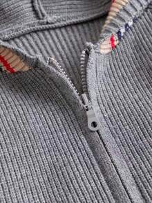 Boys' Preppy Colorblock Striped Hooded Cardigan Sweater, Knit, Suitable For School, Spring, Autumn, Winter - Grey - View 6
