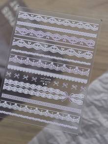 1 Sheet 3D Embossed Light Purple‑White Lace Nail Stickers, Multi‑Width Wavy Hollow Lace Thin Ribbon Bow Patterns, Thin Flexible Soft French‑Style DIY Nail Decals - Multicolor - View 6
