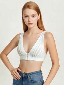 1pc Women's Lace Patchwork Front Closure Wireless Push-Up Bra - White - View 3