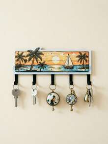 1Pc Wooden Coastal Beach‑Themed Key Rack, Wall Decor With Tropical Palm Tree & Sailboat Ocean Scenery Pattern, Multi‑Functional Wall‑Mounted Storage Organizer, Decorative Wall Hanger For Entryway, Bedroom, Hallway - View 7
